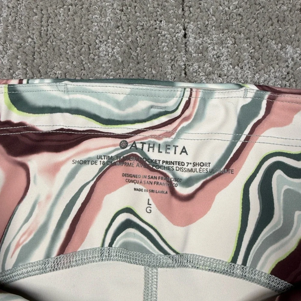 Athleta Multicolor Marble-Print Athletic Shorts - Pink, Green, Gray - Picture 2 of 7
